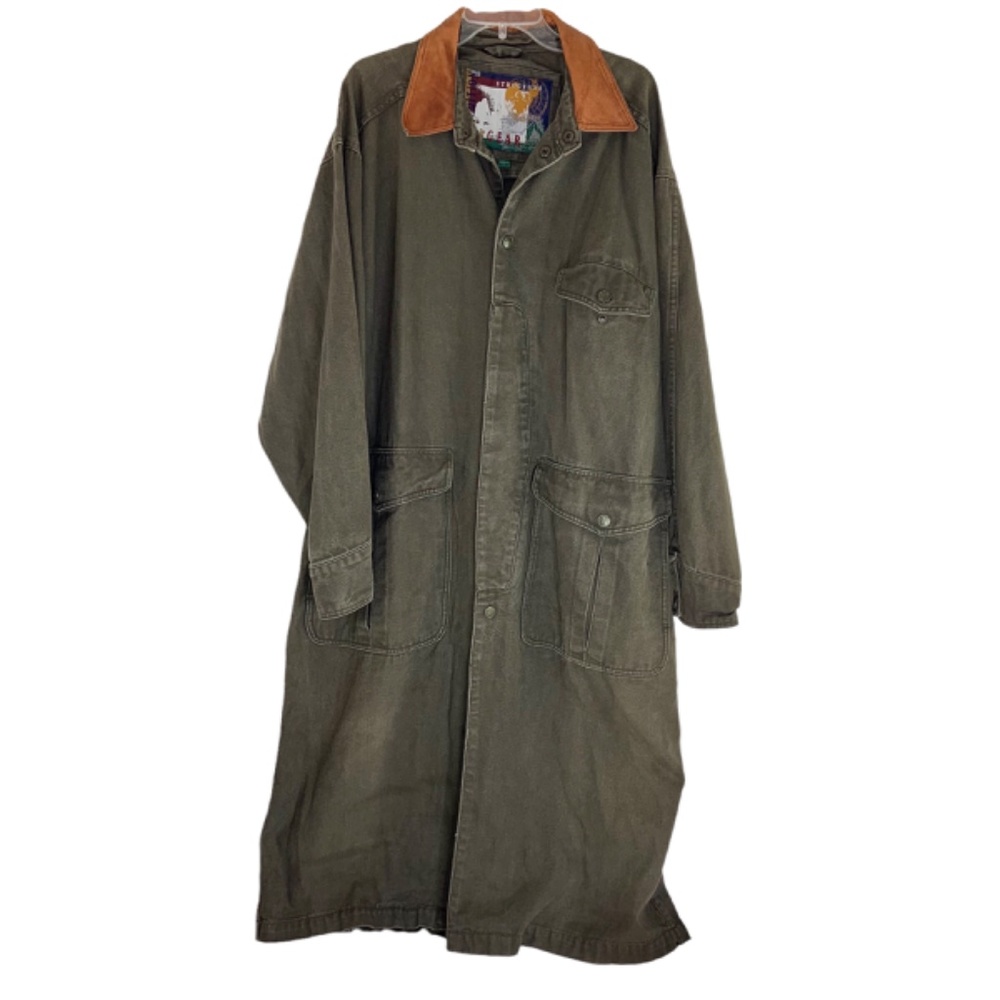 Vtg London Fog Structure Expedition Gear Green Canvas Trench Coat Leather Collar